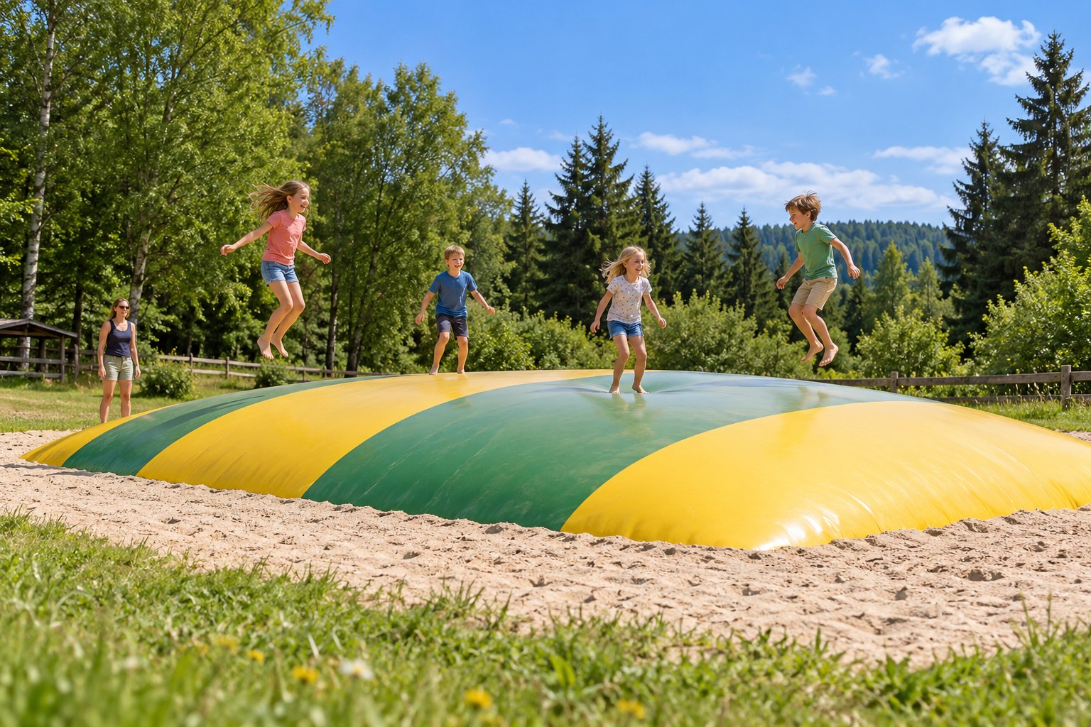Kinder hüpfen auf einem gelb-grünen Hüpfkissen im Freien – KI-generiertes Symbolbild.