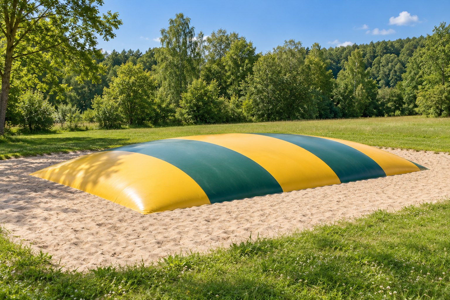 Ein gelb-grünes Hüpfkissen auf einer Lichtung – KI-generiertes Symbolbild.